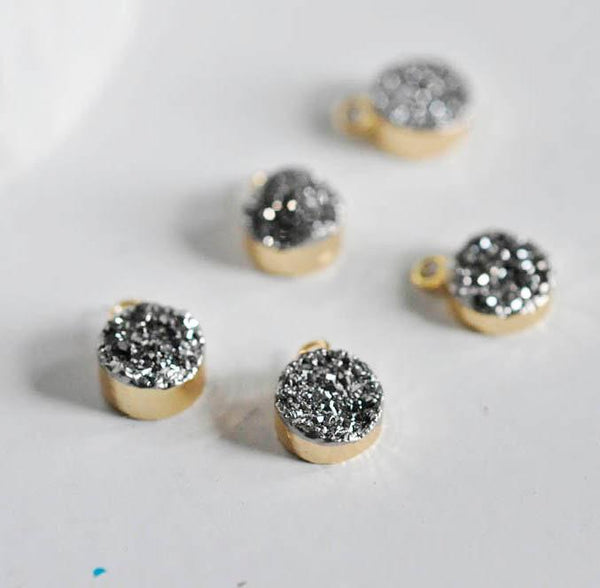 EP Pendentif agate druzy grise,fournitures créatives, agate naturelle,pendentif pierre, support doré, pierre naturelle,11mm