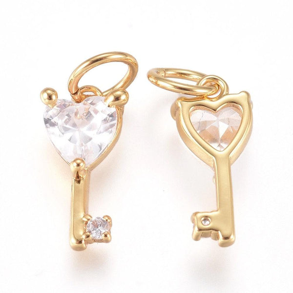 EP-Pendentif breloque clef laiton doré et zircon 10mm, x1 (G3834)