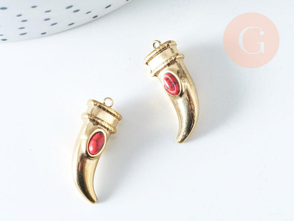 EP-Pendentif corne pierre synthèse acier doré 18K 23mm, x1 (G6353)