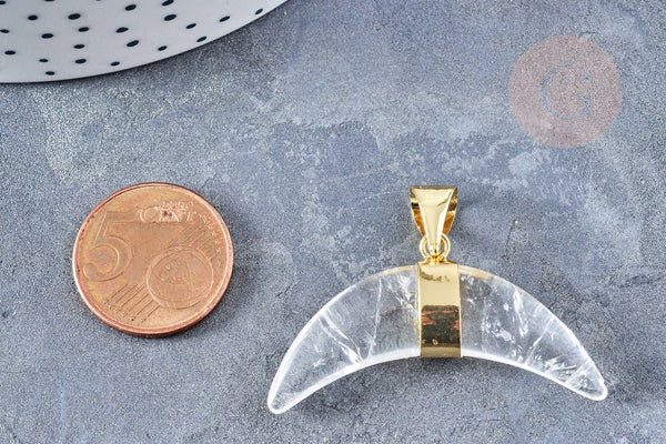 EP Pendentif croissant de lune Cristal de roche naturel support laiton doré 42mm, pierre naturelle x1 G8680