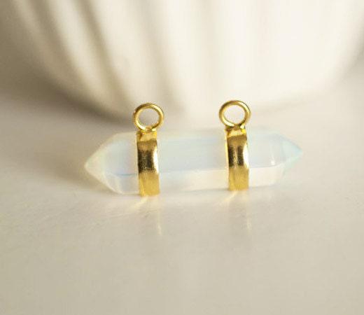 EP Pendentif double pointe opalite iridescente, fournitures créatives,pendentif bijoux, pendentif pierre, opale,pendentif blanc,32mm