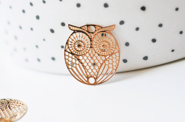 EP-Pendentif estampe filigrane chouette hibou laiton or rose 18mm, x 2, G4118