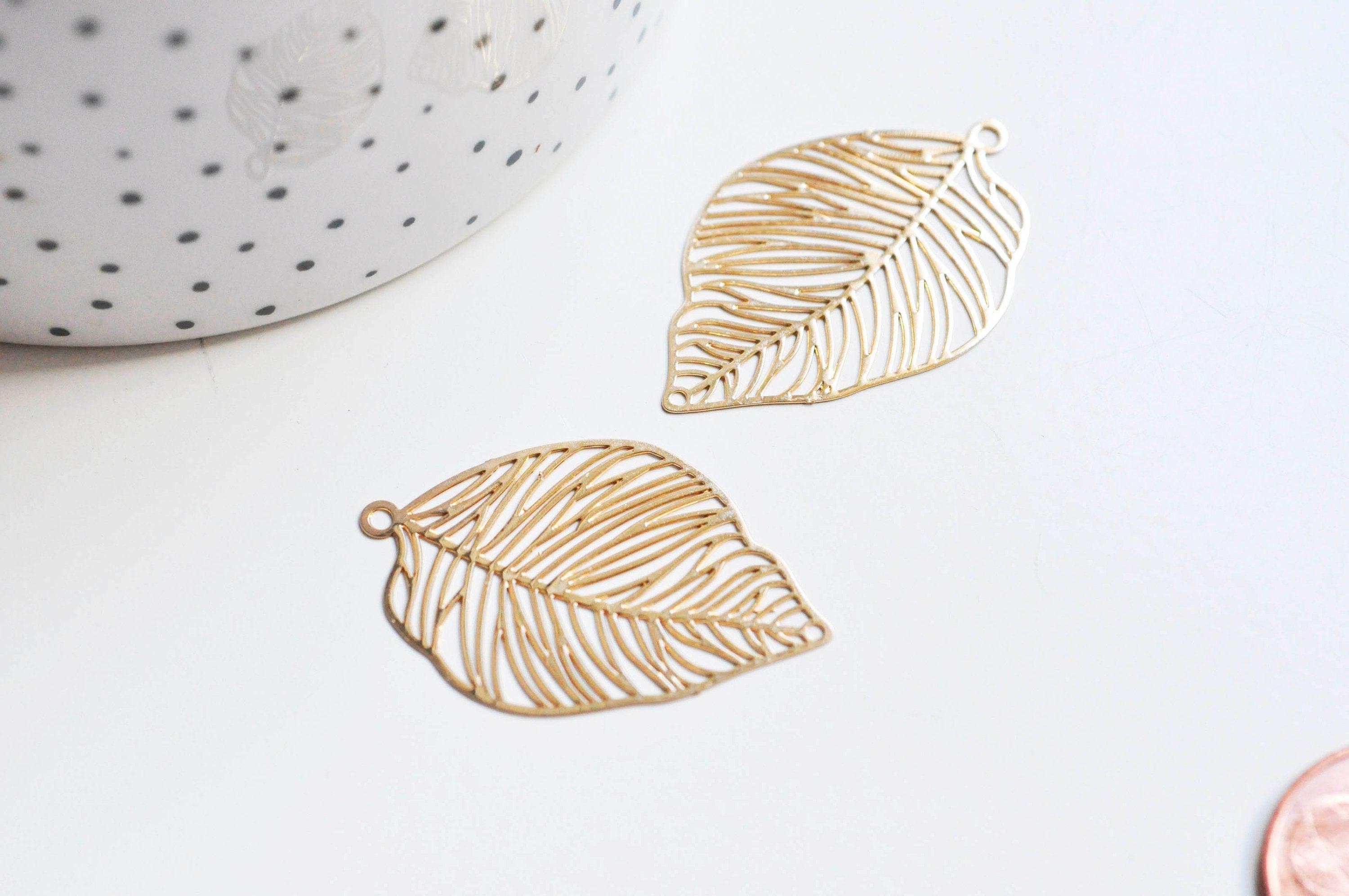 EP-Pendentif estampe filigrane feuille laiton doré 38x23mm, x2 G3691