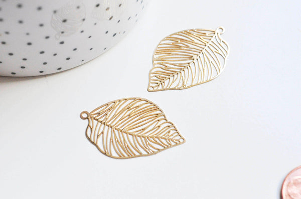 EP-Pendentif estampe filigrane feuille laiton doré 38x23mm, x2 G3691