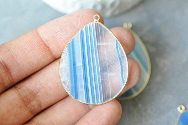 EP Pendentif goutte agate bleue rayée naturelle 41mm, x1 (G3719)