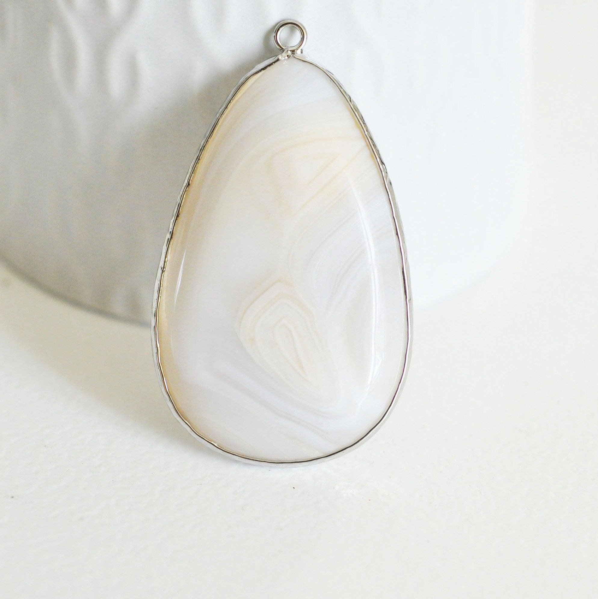 EP Pendentif goutte agate grise support argenté,pendentif bijoux, pendentif agate,pendentif pierre, agate naturelle,agate grise,53mm,G3006