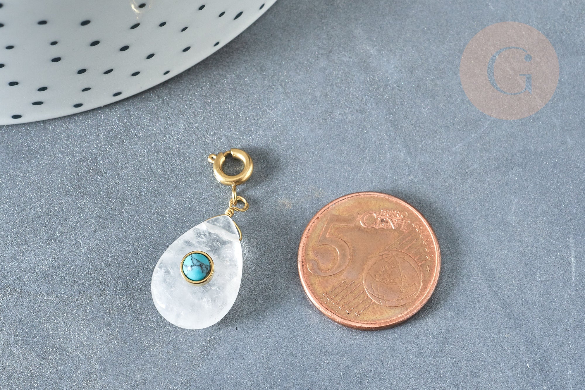EP-Pendentif goutte amulette cristal de roche naturel acier inoxydable doré 30mm, x1 (G7631)