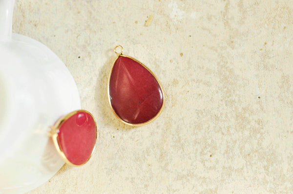 EP Pendentif goutte jade naturel bordeau doré 35mm G1349