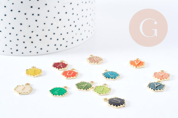 EP Pendentif hexagone lettre initiale zamac doré émail coloré 18k sans nickel 17.5mm,pendentif initale lettre mot prenom, x5 G2114