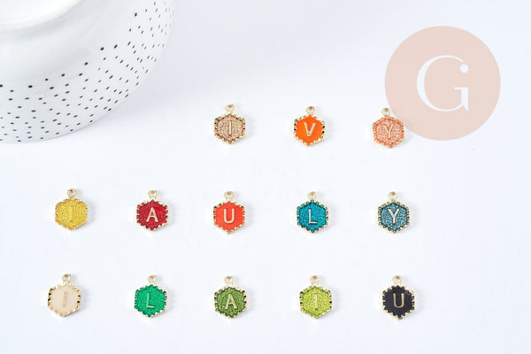 EP Pendentif hexagone lettre initiale zamac doré émail coloré 18k sans nickel 17.5mm,pendentif initale lettre mot prenom, x5 G2114