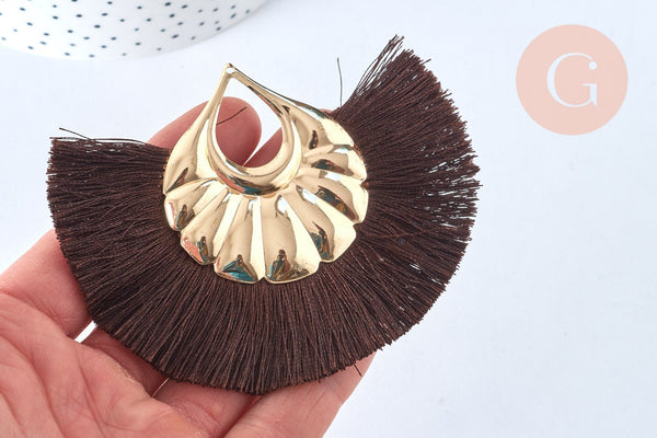 EP -Pendentif large pompon fil marron doré support doré,pendentif en fil sur support doré, 85-92mm, x 2, G4892