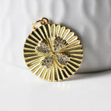 EP Pendentif médaille ronde trèfle quatre feuilles laiton doré 18K et zircons colorés,breloque laiton feuille, bijoux doré,21.5mm, x1 G4466
