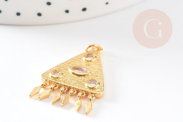 EP-Pendentif médaille triangle oeil laiton doré 18K avec papilles zircons 30mm, x1 G4655