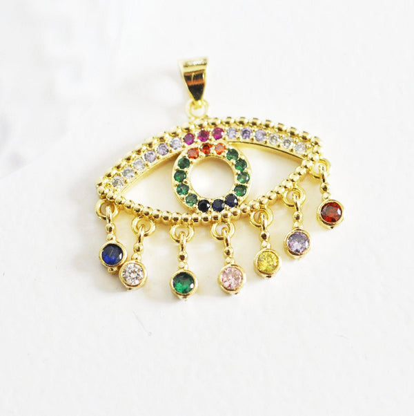 EP-Pendentif oeil doré cristal zircon coloré, porte-bonheur en laiton doré mauvais oeil pour création bijoux,28mm, x1,G3375