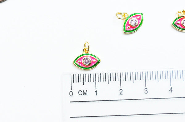 EP Pendentif petit oeil émail vert & rouge zircon doré 18K 13mm, x1 G5018