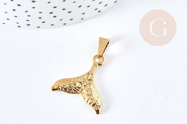 EP-Pendentif queue de sirène acier doré texturé 304 inoxydable 26mm, x1 (G8621)