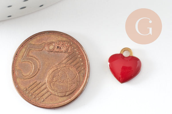 EP-Pendentifs doré cœur émail rouge, pendentif coeur,fournitures créatives, laiton brut, pendentif amour,10mm, x10 G1911