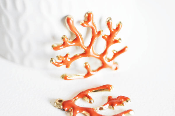 EP Pendentifs doré corail émail orange,pendentif coquillage, laiton doré, pendentif corail,création bijoux,35mm, x1-G1569