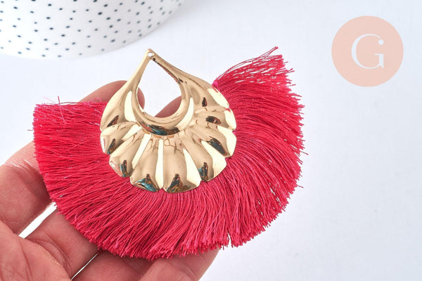 EP Pendentifs larges pompons fil fuchsia support doré 85-92mm x2 ( G6837)