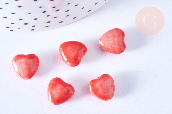 EP Perle coeur porcelaine rouge, perle céramique, fabrication bijoux amour et amitié, 12mm, x5 G3494