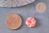 Close-up of a pink, six-petaled flower-shaped bead beside a euro coin, showcasing EP-Perle fleur résine rose, imitation coral bead for jewelry making.