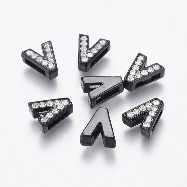 EP Perle lettre V métal noir et cristal, Pendentif lettre, médaillon lettre,création bijou, lettre,11mm, x1-G1749