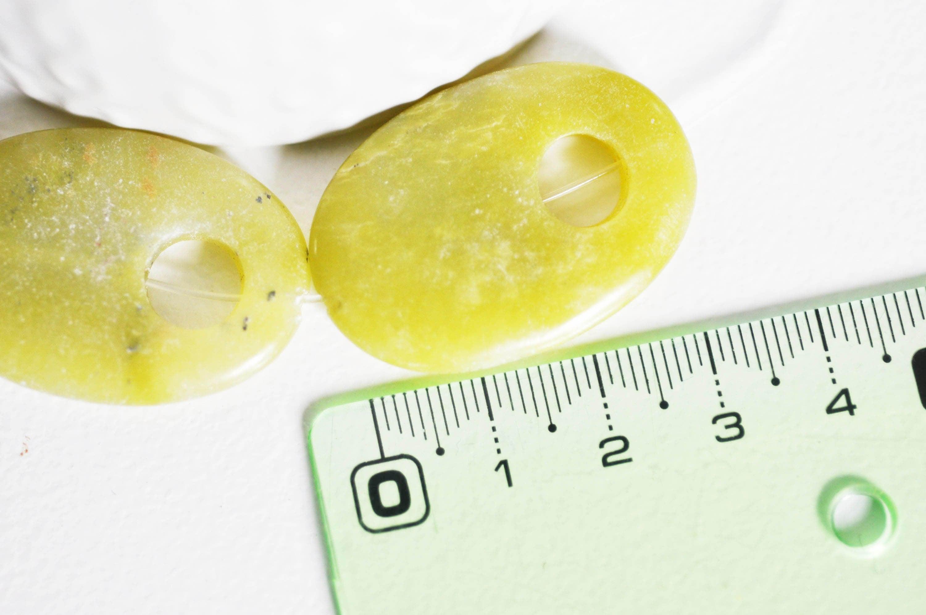 EP Perle ovale trouée jade jaune,pierre précieuse,pierre naturelle,jade jaune naturel,perle pierre roulée,bijou pierre,32mm, x1,G2623