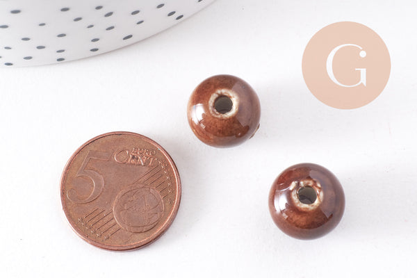 EP-Perle porcelaine marron, perle ronde,perle céramique, création bijoux,perle marron, 1.5cm, x5 G2972