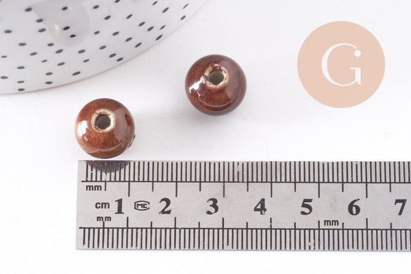 EP-Perle porcelaine marron, perle ronde,perle céramique, création bijoux,perle marron, 1.5cm, x5 G2972