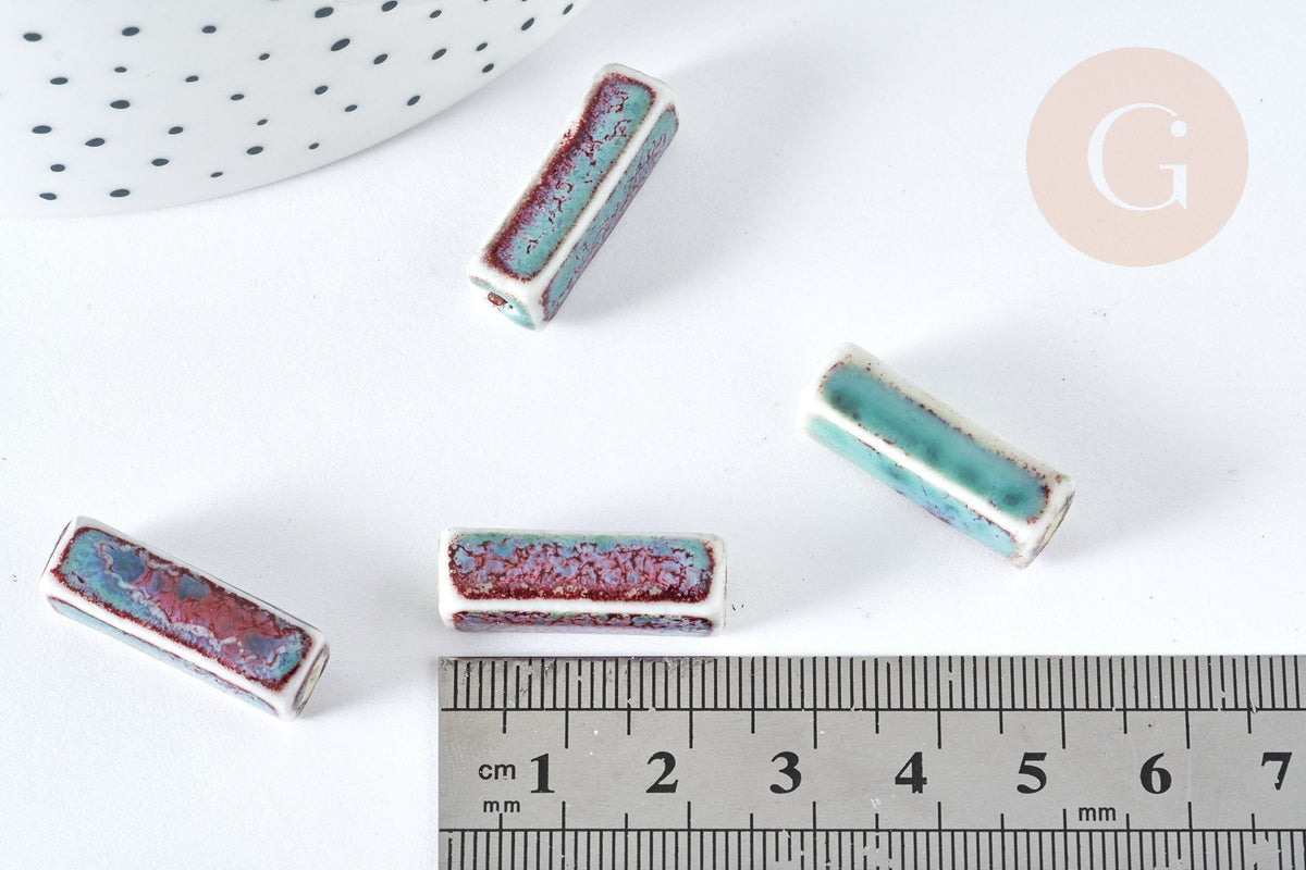 EP Perle porcelaine rectangle bleu clair 25~29mm,création bijoux céramique, x 5 G7480
