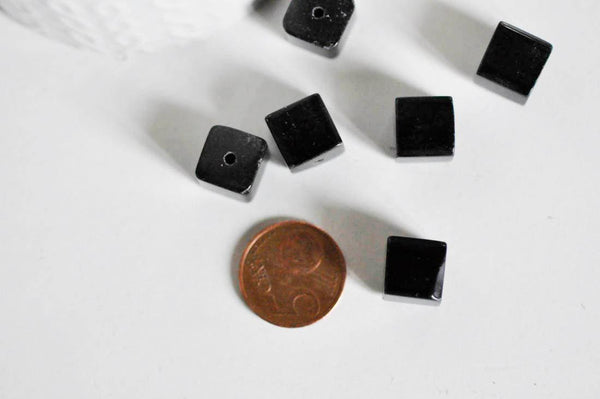 EP Perles carrées noires, fourniture créative, perles verre tchèque, perles verre, verre noir, creation bijoux, lot 5 perles,11mm-G2196
