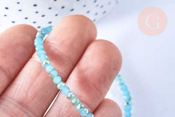 EP-Perles toupies cristal bleu turquoise irisé 3.5x2.5mm, perles bijoux, perle cristal,Perle verre facette,création bijoux, fil 25.4cm G6759