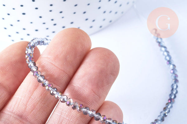EP-Perles toupies cristal gris transparent irisé violet 3.5x2.5mm, perles bijoux, perle cristal,Perle verre facette, fil 25.4cm G6756