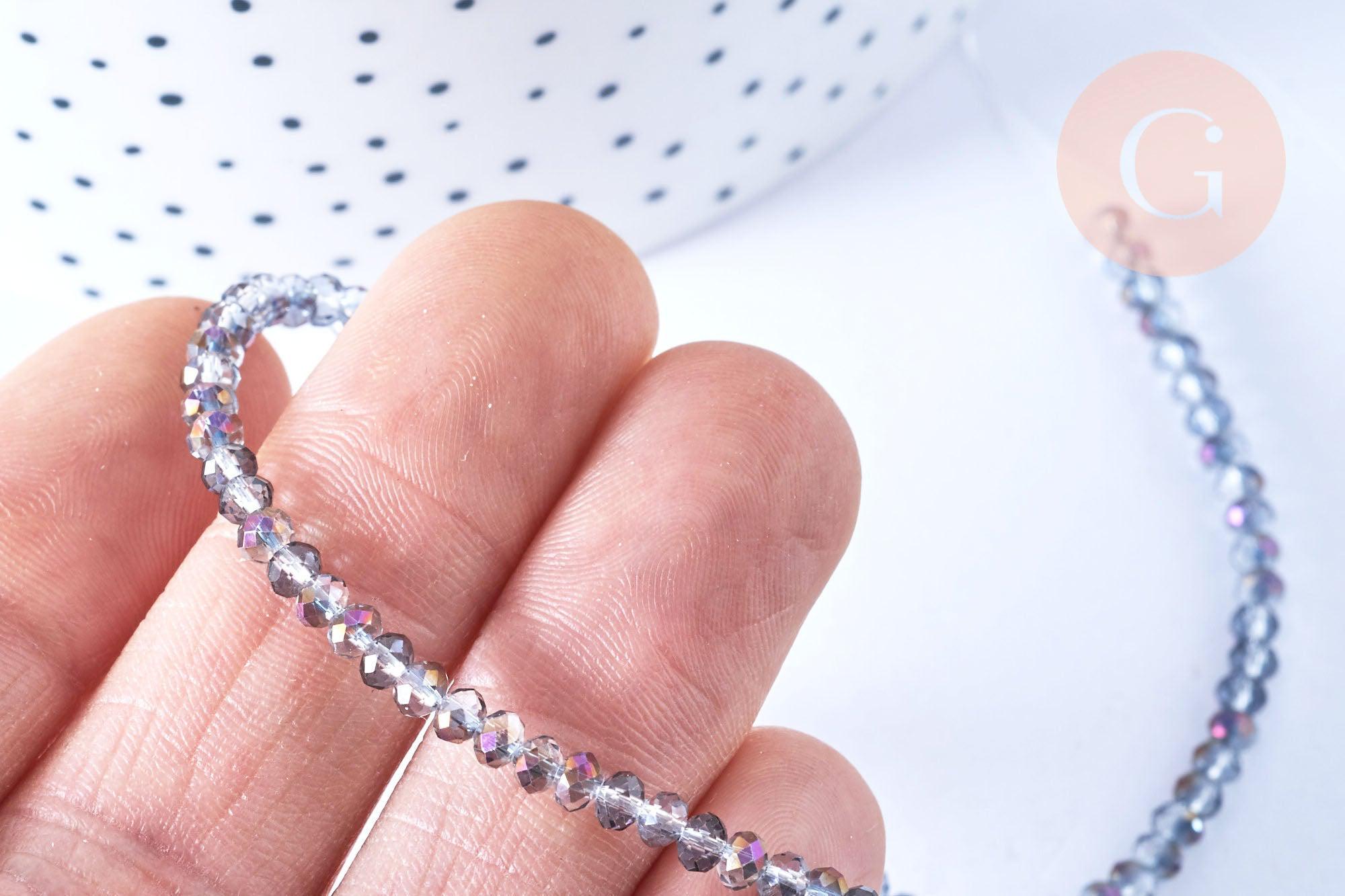 EP-Perles toupies cristal gris transparent irisé violet 3.5x2.5mm, perles bijoux, perle cristal,Perle verre facette, fil 25.4cm G6756