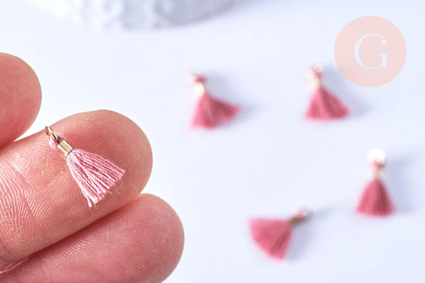 EP Pompon vieux rose polyestère support doré,décoration pompon, pompon boucles,fabrication bijoux bohème,10-15mm,les 10