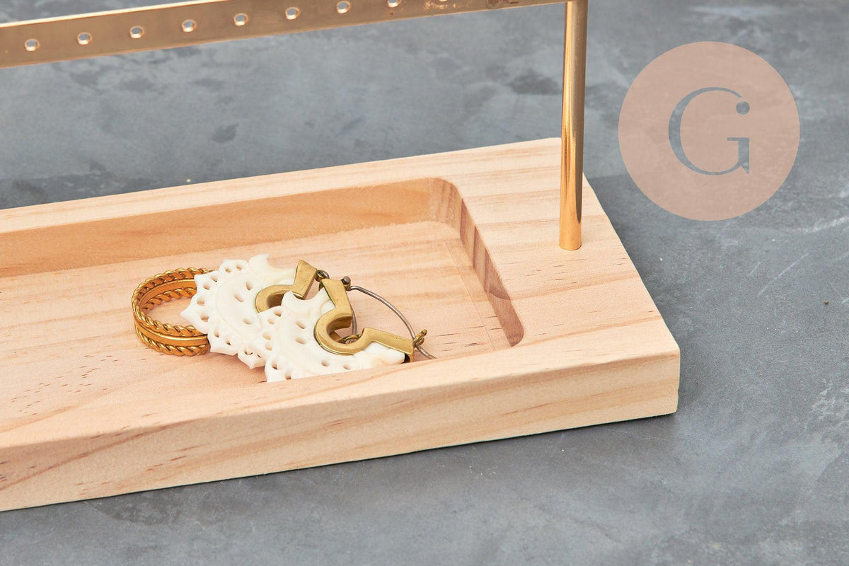 Présentoir à bijoux boucles d'oreilles laiton doré socle bois 30cm, x1 (G9451)