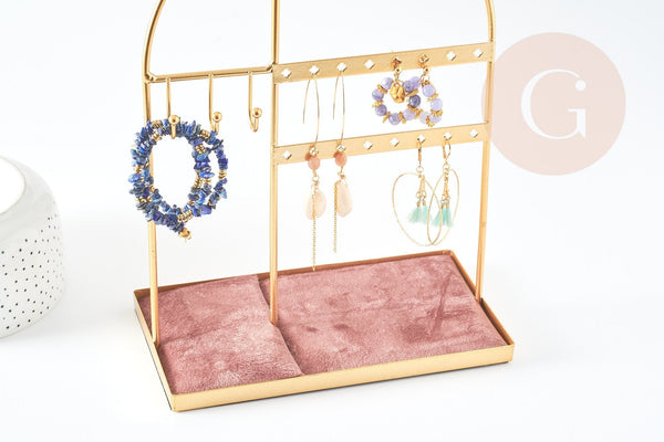 EP Présentoir à bijoux laiton doré velours vieux rose, présentoir pour rangement de bijoux, x1 G9136