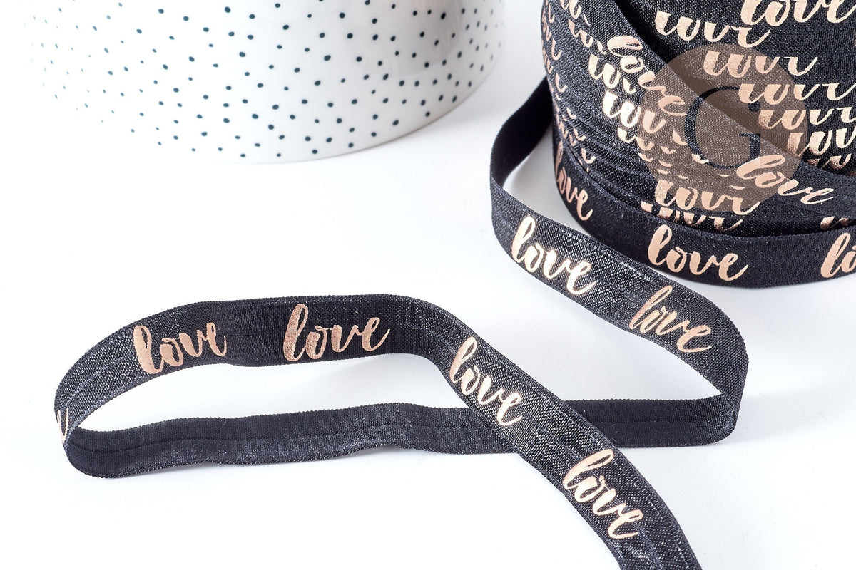 EP Ruban Élastique Large 16mm "LOVE" Or Rose sur Fond Noir – Idéal Bracelet EVJF & Couture X1 mètre (G8310) (adn)