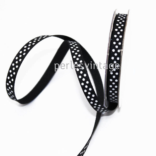 EP -Ruban gros grain polka noir, fabrication bijoux, ruban pois blancs,ruban mariage,fourniture créative, largeur 1cm, longueur 1 mètre-G0784