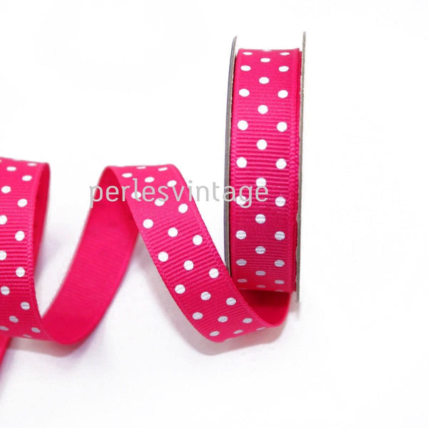 EP Ruban gros grain polka rose fuchsia, fabrication bijoux, ruban pois blancs,ruban mariage,fourniture créative, largeur 1cm, longueur 1 mètre