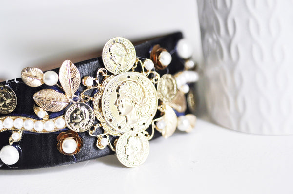 EP-Serre-tête cheveux médaille doré strass perles 110mm, x1 (G0416)