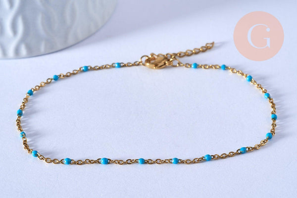 EP-chaine de cheville acier doré 14k résine bleu clair chaine dorée 1.5-2mm/23cm, x1 (G3660)