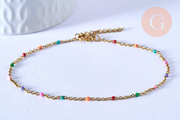EP-chaine de cheville acier doré 14k résine multicolore chaine doree 1.5-2mm/23cm, x1 (G3662)