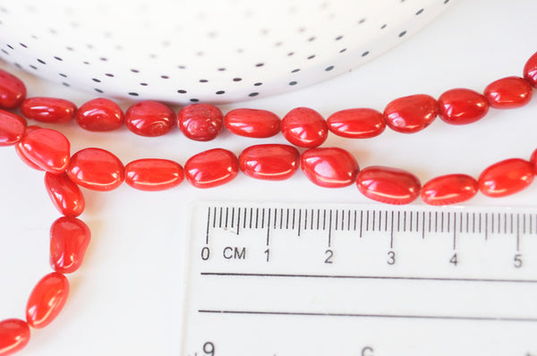 EP perle ovale corail rouge, perles corail, fabrication bijoux,corail rouge,corail naturel, 9-13x6-7.5mm, le fil 35 perles G5034