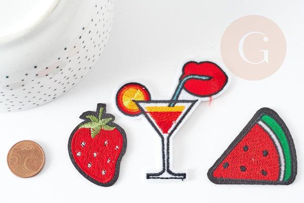 Ecusson à repasser pastèque fraise cocktail,customisation vêtement, écusson thermocollant fruit,patch brodé,57mm,x3 G1820