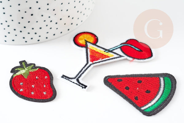 Ecusson à repasser pastèque fraise cocktail,customisation vêtement, écusson thermocollant fruit,patch brodé,57mm,x3 G1820