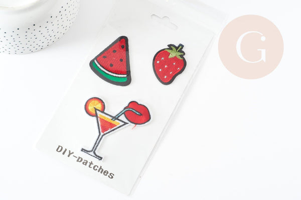 Ecusson à repasser pastèque fraise cocktail,customisation vêtement, écusson thermocollant fruit,patch brodé,57mm,x3 G1820