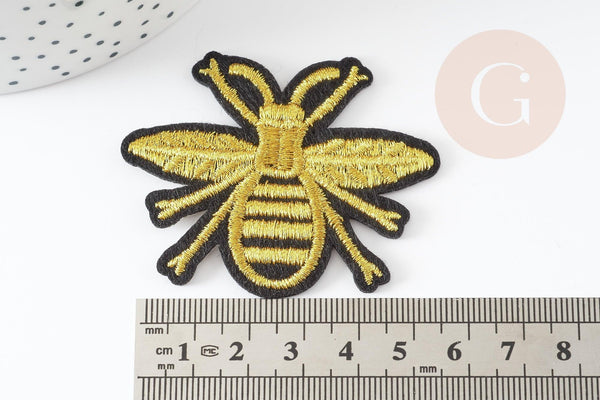 Ecusson brodé à repasser abeille dorée 63mm customisation vêtement, écusson thermocollant,patch brodé,écusson brodé x2 G3769