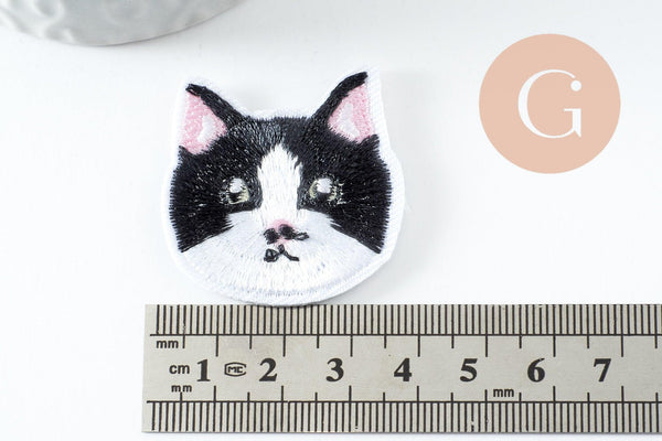 Ecusson brodé à repasser chat noir & blanc customisation vêtement 37mm, x1 (G9808)