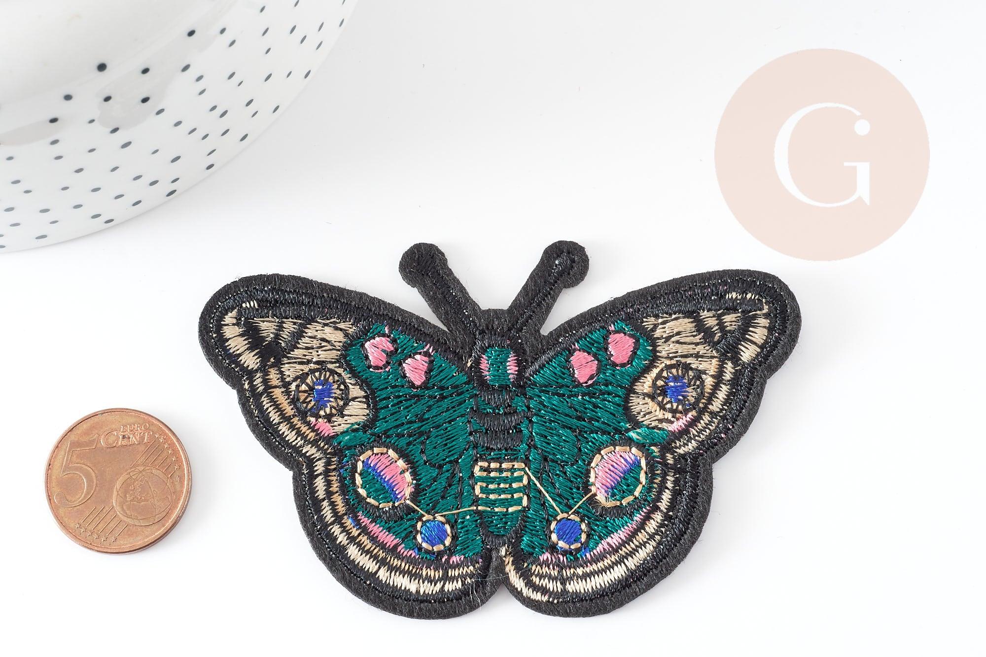 Ecusson brodé à repasser papillon vert 87mm, customisation vêtement, écusson thermocollant,patch écusson brodé, x1 G3263
